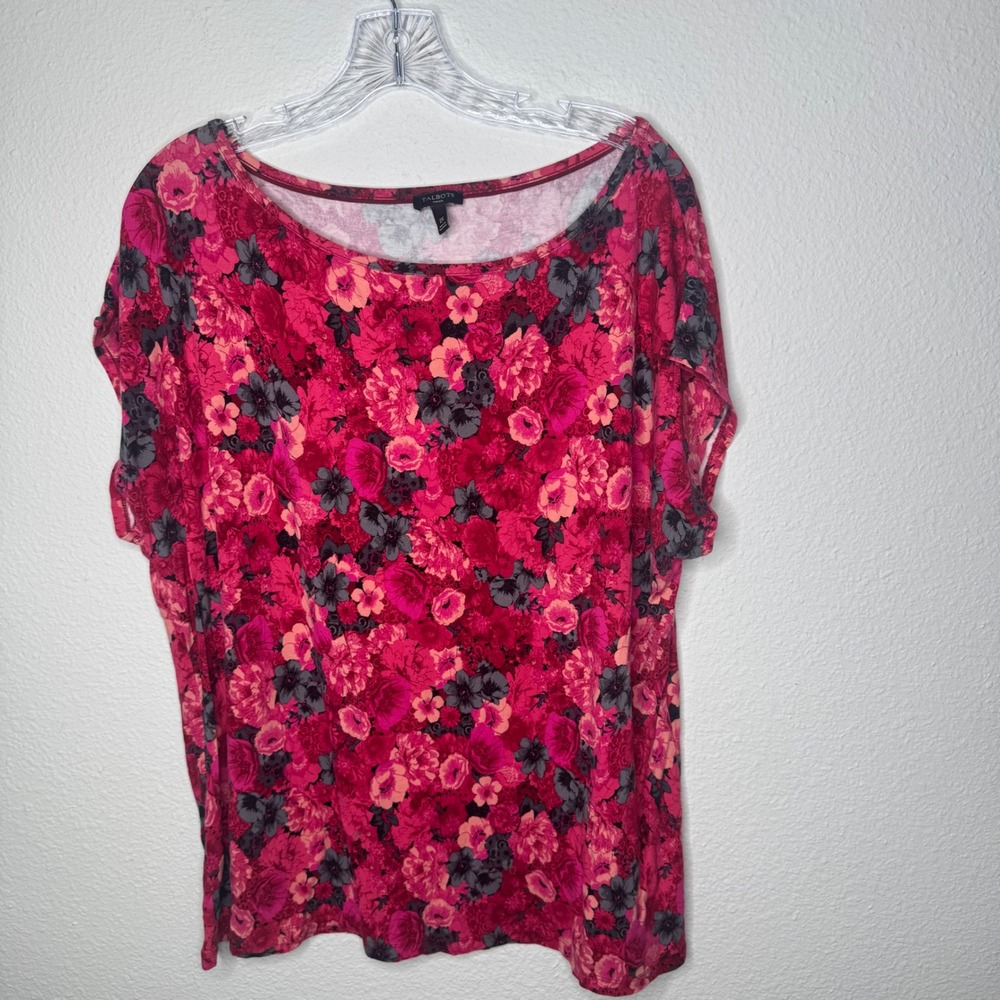 Talbots Woman 2X Floral Print Boat Neck Short Sleeve‎ Top Pink Feminine
